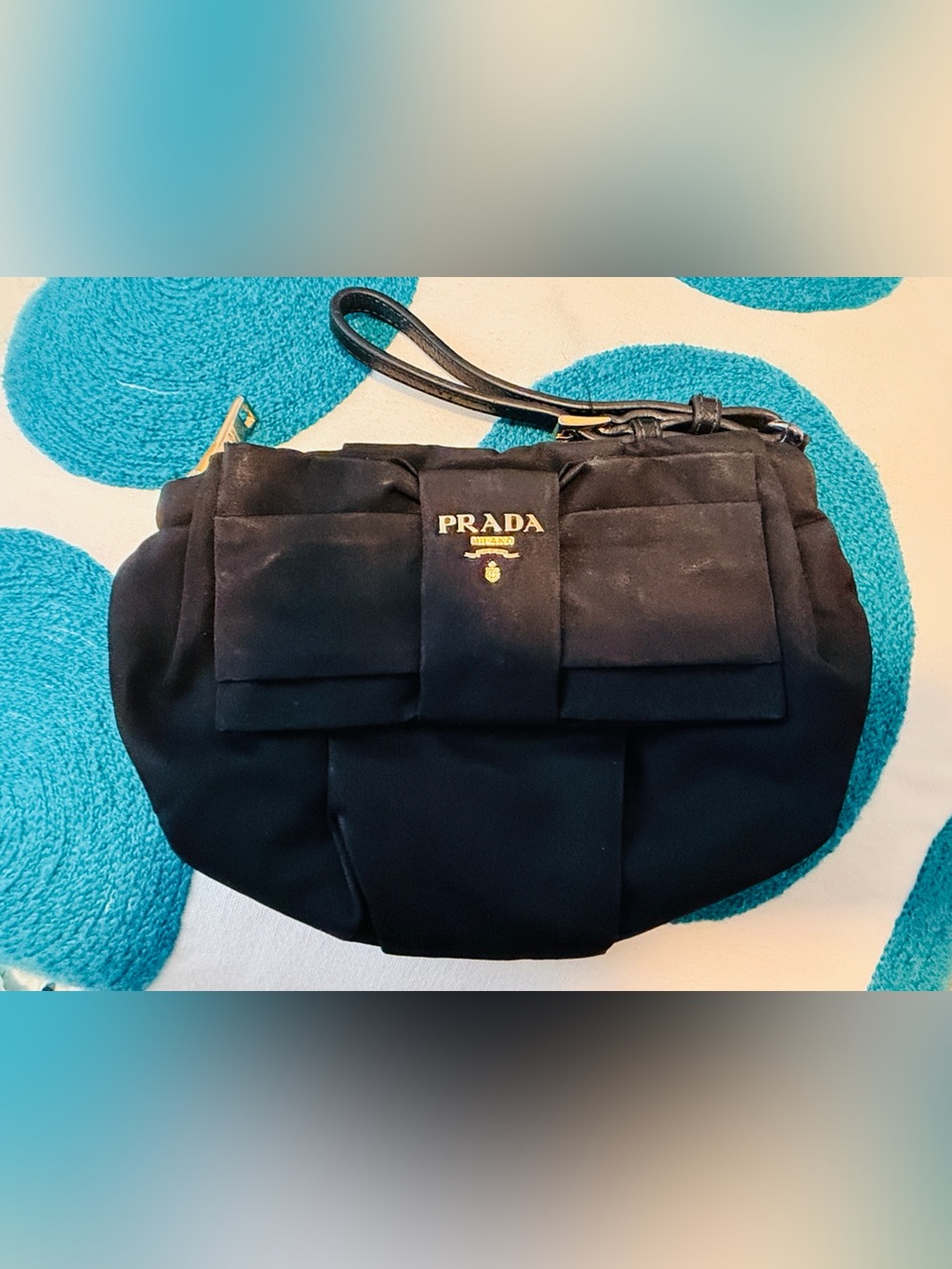 Prada Black Nylon black bow Wristlet Strap Pouch with Gold Logo